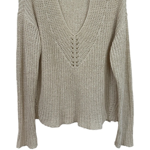 Eileen Fisher Ivory Knit V-Neck Long Sleeve Blouse Organic Linen Blend Size M - Picture 3 of 11